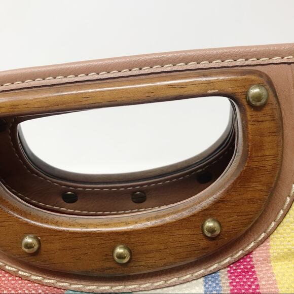 Fossil Spring Striped Fabric Cloth Satchel Crossbody Purse Bag Wooden Handles - Picture 6 of 12